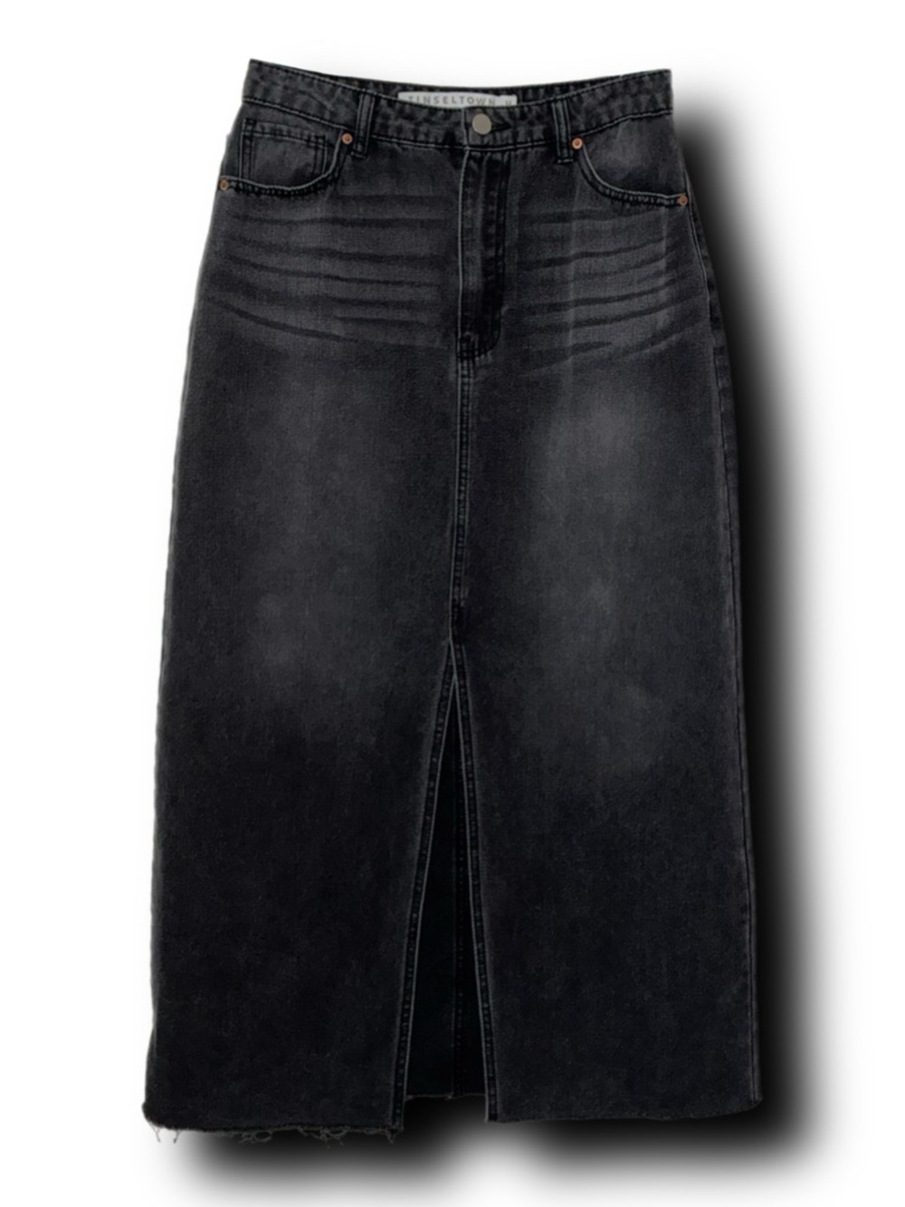 Tinseltown Black Wash High Rise Denim Maxi Skirt with Front Center Slit Y2K
